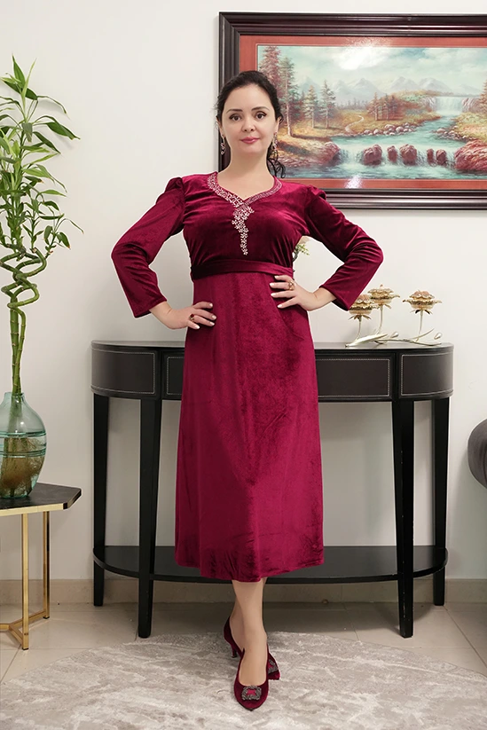 Maroon A-line velvet dress